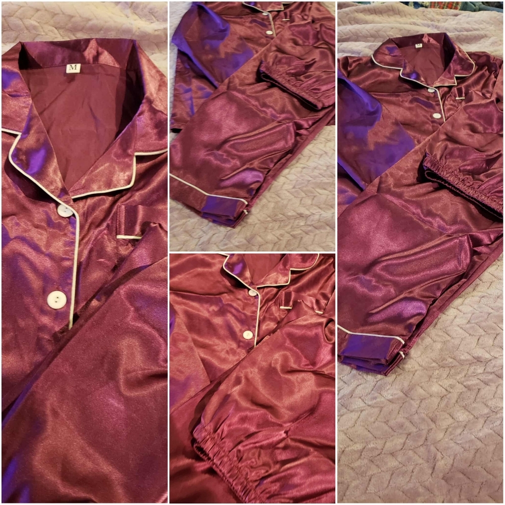 Satin Two-Piece Pajama Set in Deep Plum with White Piping / Says M But Small